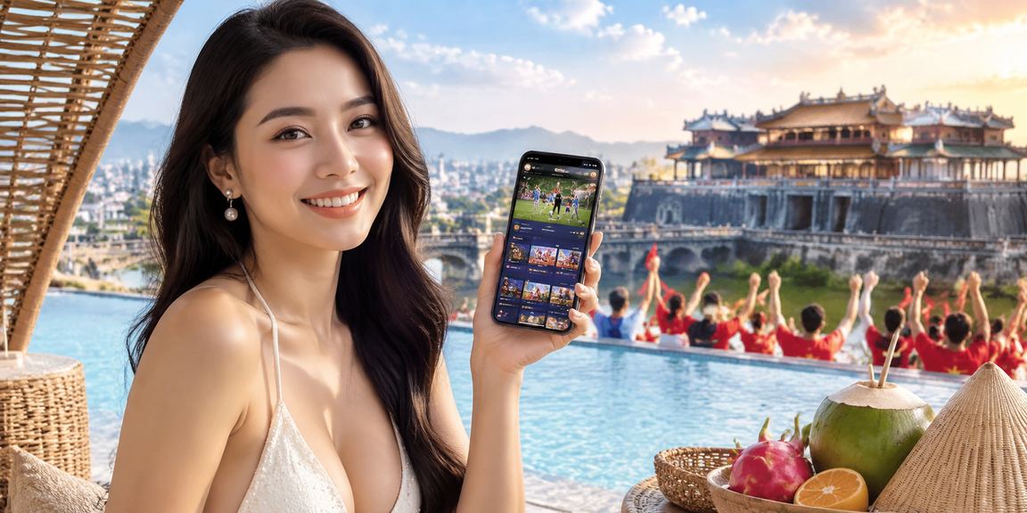 Người phụ nữ đội nón lá dùng app casino tại Huế trong không khí truyền thống